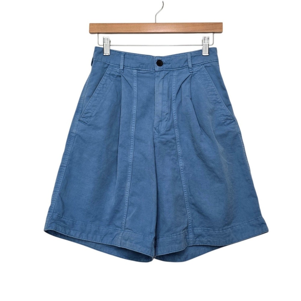 Everlane Women Blue Organic Cotton Linen Pleated Wide Leg Utility Shorts Size 00